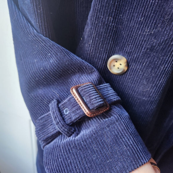 Women's Double Breasted Navy Blue Corduroy Belted Trenchcoat Size Medium - Picture 8 of 14